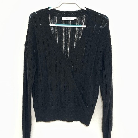 ASTR The Label Sweater Wrap FrontvBlack Knit Surplice Pointelle Top Size XL - Picture 10 of 14